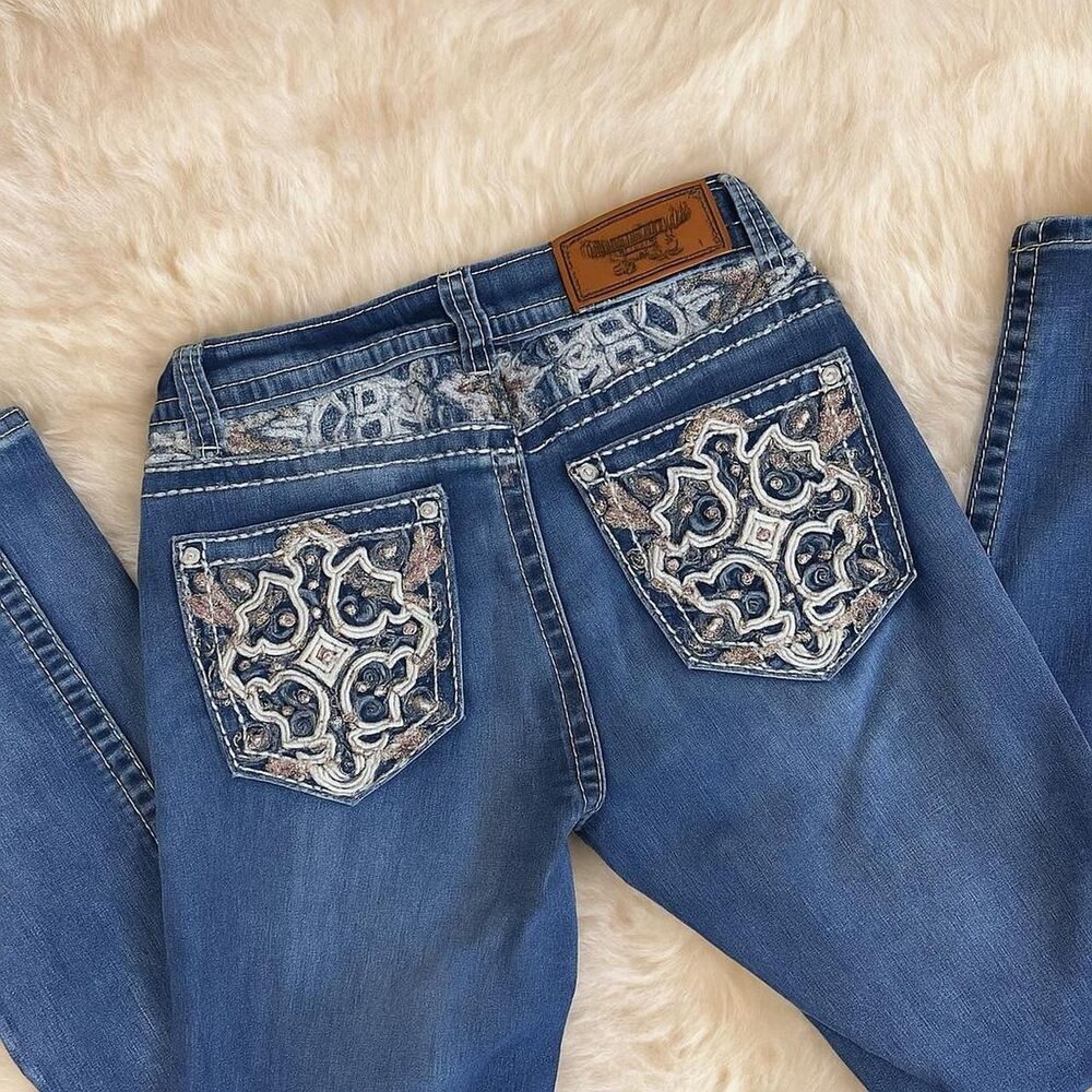 Y2K Western Bootcut Denim Bling Embroidered Pocket Rhinestone Cowgirl Retro Jean